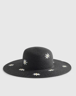 Black Daisy Floppy Straw Hat