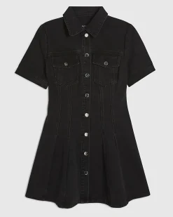 Black Denim Pleat Front Mini Dress