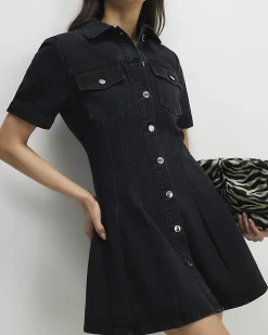 Black Denim Pleat Front Mini Dress