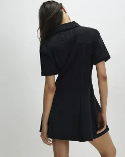 Black Denim Pleat Front Mini Dress
