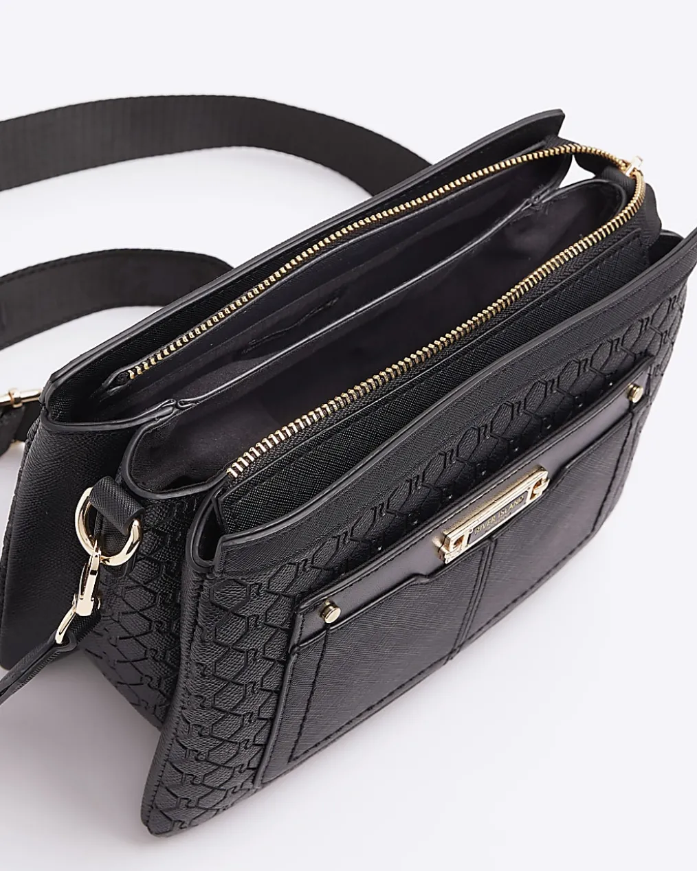 Black embossed monogram cross body bag