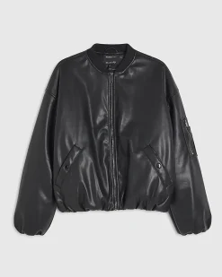 Black Faux Leather Bomber Jacket