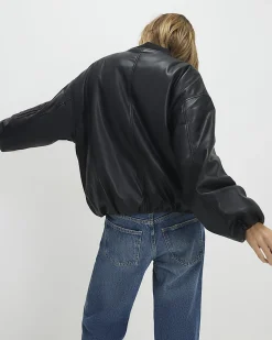 Black Faux Leather Bomber Jacket