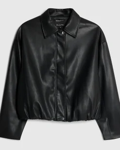 Black Faux Leather Bubble Hem Bomber Jacket