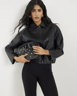 Black Faux Leather Bubble Hem Bomber Jacket