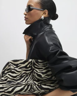 Black Faux Leather Bubble Hem Bomber Jacket