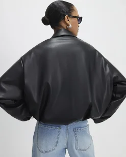 Black Faux Leather Bubble Hem Bomber Jacket