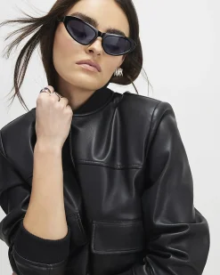 Black Faux Leather Cropped Bomber Jacket