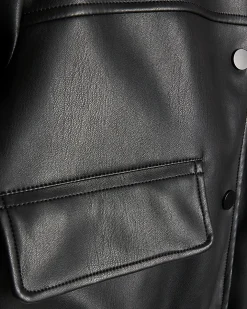 Black Faux Leather Cropped Bomber Jacket