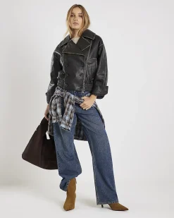Black Faux Leather Double Breasted Jacket