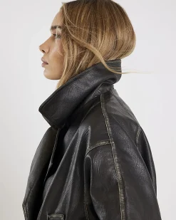Black Faux Leather Double Breasted Jacket