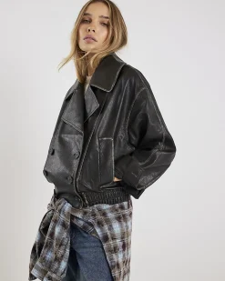 Black Faux Leather Double Breasted Jacket