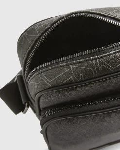 Black Faux Leather Monogram Cross Body Bag