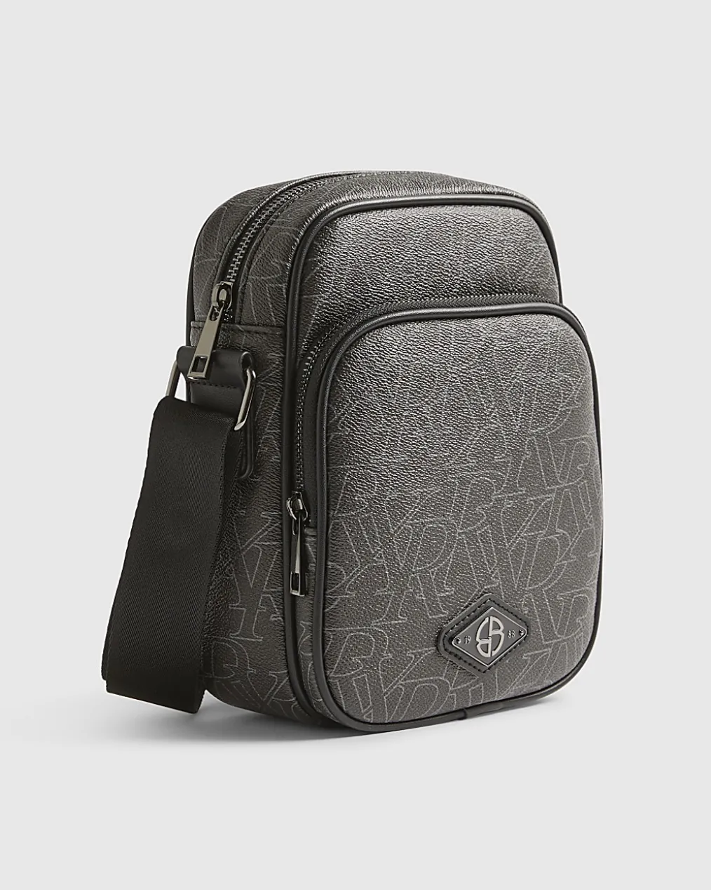 Black Faux Leather Monogram Cross Body Bag