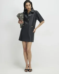 Black Faux Leather Pocket Detail Shirt Dress