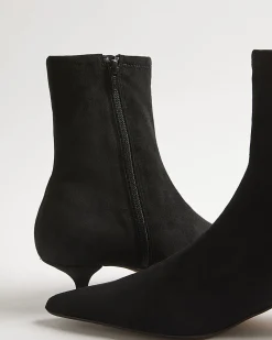 Black Faux Suede Pointed Toe Sock Boots