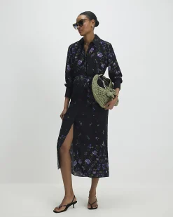 Black Floral Midi Shirt Dress