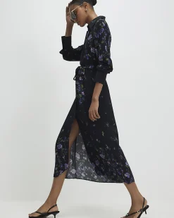 Black Floral Midi Shirt Dress