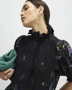 Black Floral Puff Sleeve Blouse