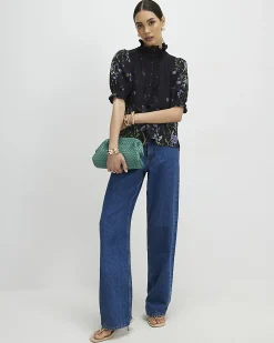 Black Floral Puff Sleeve Blouse