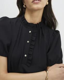 Black Frill Trim Short Sleeve Mini Dress