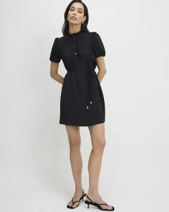 Black Frill Trim Short Sleeve Mini Dress