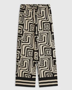 Black Geometric Linen Blend Wide Leg Trousers