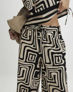 Black Geometric Linen Blend Wide Leg Trousers