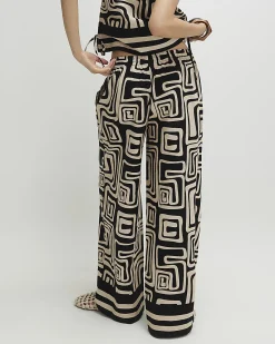 Black Geometric Linen Blend Wide Leg Trousers