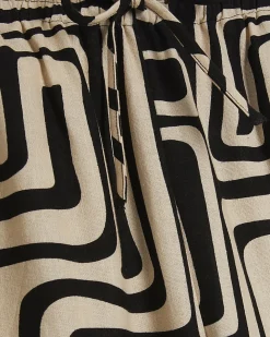 Black Geometric Linen Blend Wide Leg Trousers