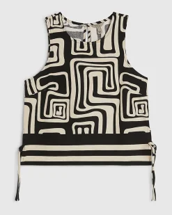 Black Geometric Print Linen Tank Top
