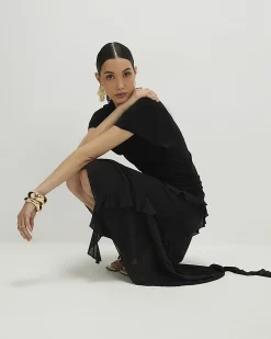 Black Hybrid T-Shirt Ruffle Midi Dress