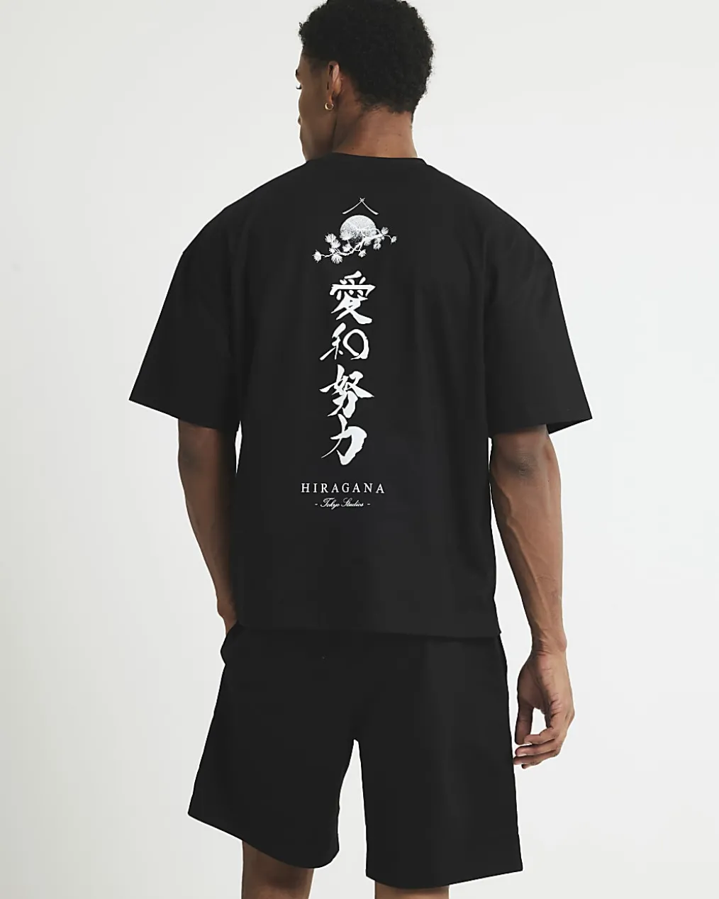 Black Japanese graphic T-Shirt and Shorts Set