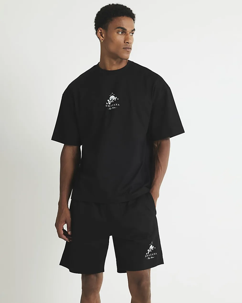 Black Japanese graphic T-Shirt and Shorts Set