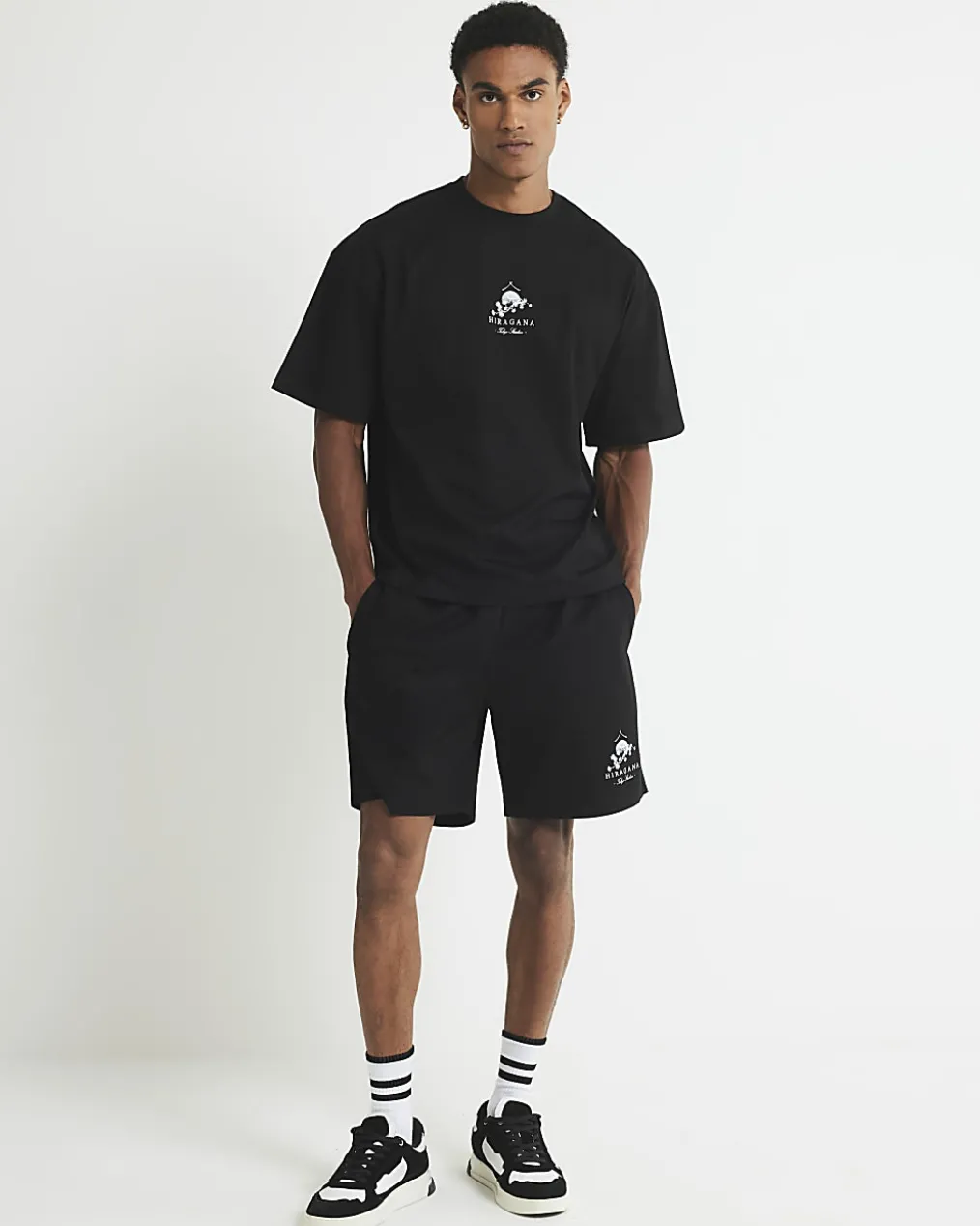 Black Japanese graphic T-Shirt and Shorts Set