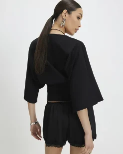 Black Kimono Sleeve Cotton Blend T-shirt
