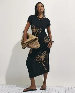 Black Knit Beaded Midi Beach Dress