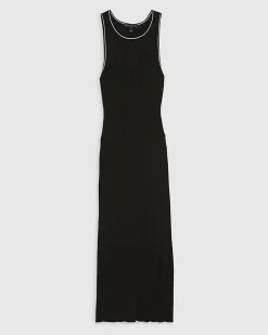 Black Knitted Racer Neck Ribbed Midi Dress