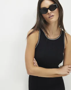 Black Knitted Racer Neck Ribbed Midi Dress
