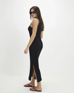 Black Knitted Racer Neck Ribbed Midi Dress