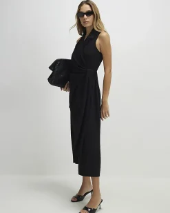 Black Knot Front Wrap Midi Dress