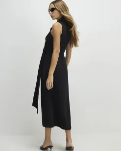 Black Knot Front Wrap Midi Dress