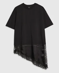 Black Lace Hem Aysmmetric T-Shirt