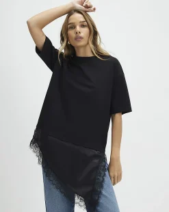 Black Lace Hem Aysmmetric T-Shirt