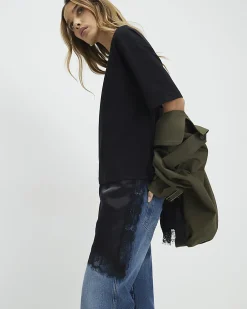Black Lace Hem Aysmmetric T-Shirt