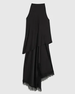 Black Lace Trim Asymmetric Midi Dress