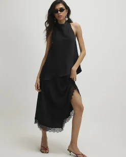 Black Lace Trim Asymmetric Midi Dress