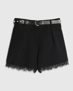Black Lace Trim Stud Belt Shorts