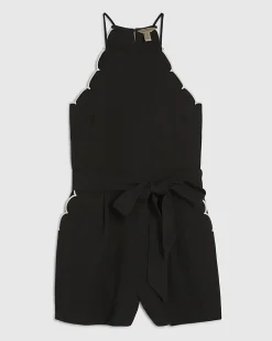 Black Linen Blend Scallop Playsuit