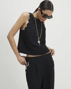 Black Linen Blend Scallop Trim Tank Top